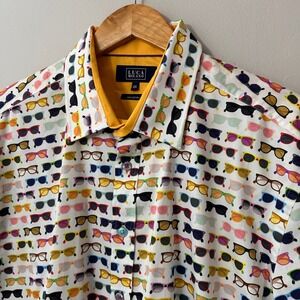Luca Milano Mens 2XL Button Down Shirt Sunglasses Print White Cotton Long Sleeve